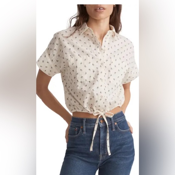 Madewell Drawstring Cotton Crop Button-Up Shirt Size XSFloral - Picture 1 of 7